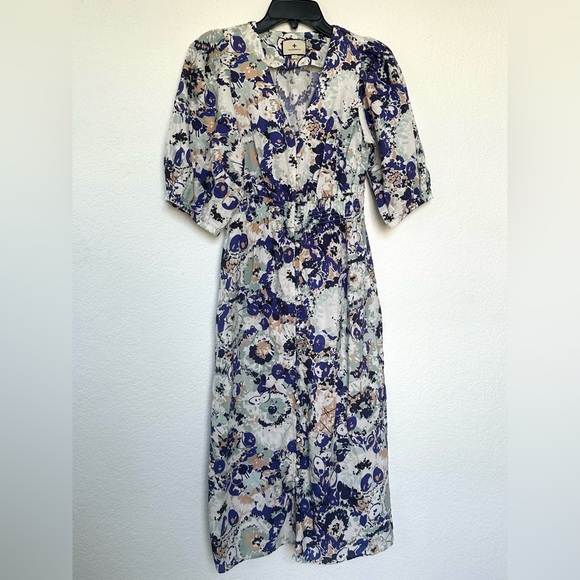 Tuckernuck Puff Sleeve Naomi Midi Dress Blue White Tan Size Small - Picture 2 of 13